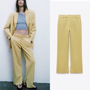 Zara New Mustard High Waisted Full Length Vented Pants with Front Pockets Size L